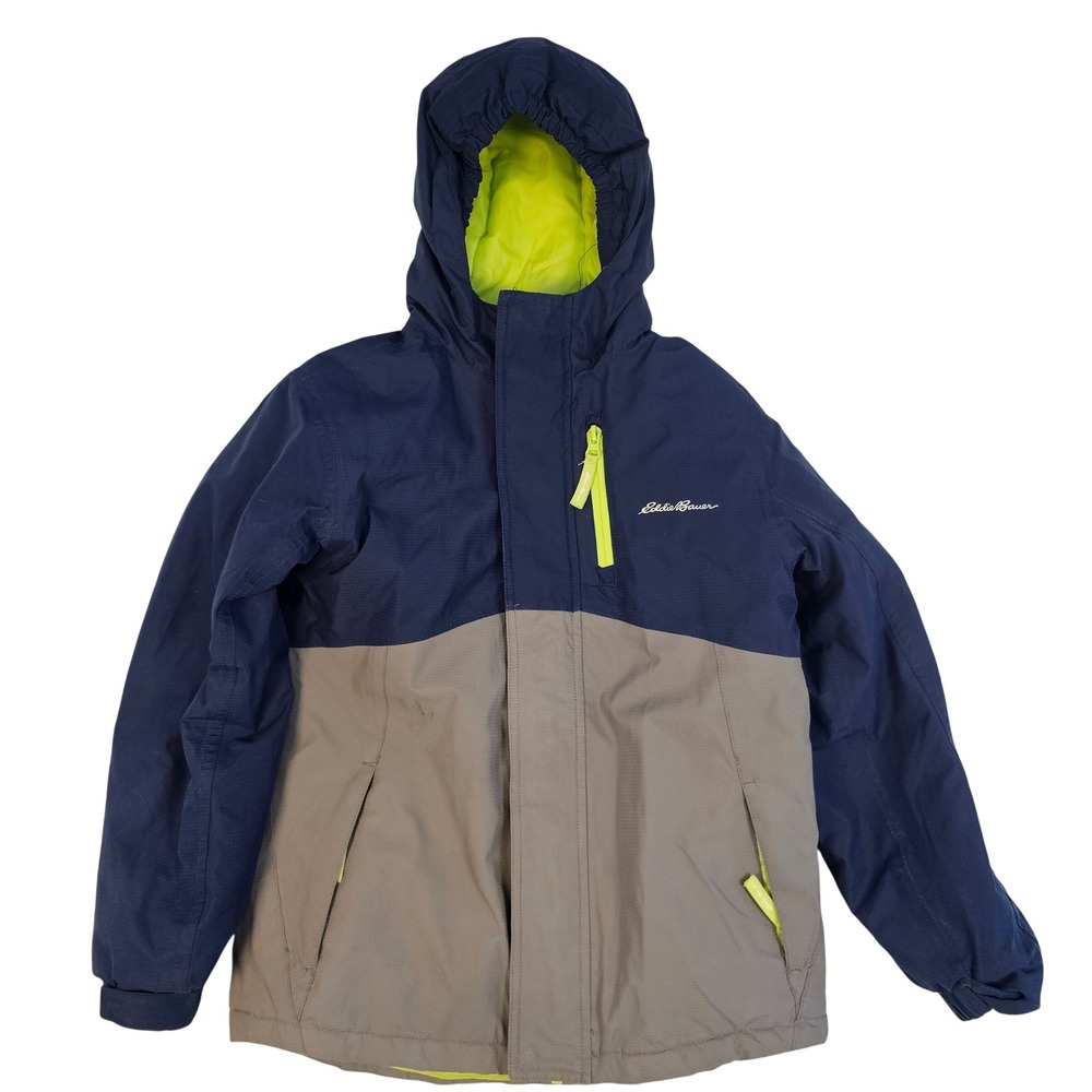 Eddie Bauer Kids S 7/8 Hooded Winter Jacket Colorblock Navy Gray Neon Yellow